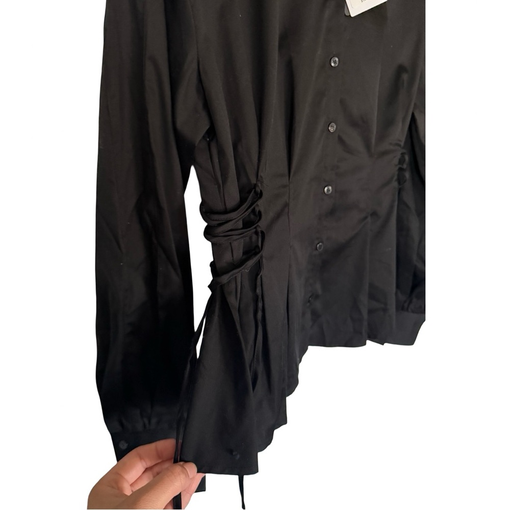 GUESS Black Lace Up Waist Button Down Blouse Size M Cotton Peplum Top NWT - Picture 8 of 8